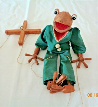 Antique/ Vintage String Puppet/ Marionette Wooden " Frog " In Green Outfit