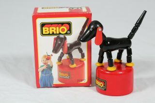 Vintage Brio Sweden Sampo Wooden Push - Button Toy Dog Movable 31912 Rare