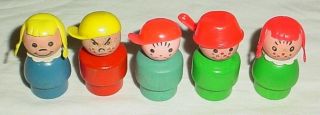 Vintage Fisher Price Little People Wood Boys Girls Mad Freckle Pigtail Pan Head