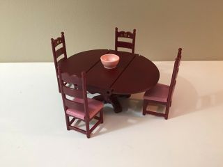 Vintage Fisher Price Dollhouse Furniture Dining Room Drop Leaf Table 4 Chairs