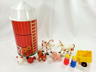 Vintage Fisher Price Farm Silo And Animals Cows,  Chickens,  Pig,  Dog,  People