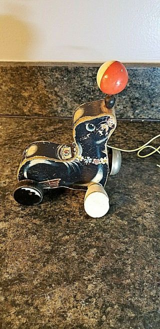 Vintage Fisher Price Seal With Ball Wooden Pull Toy Bell Still Dings