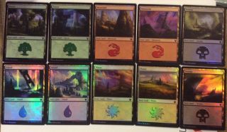 Mtg Magic Theros Beyond Death Foil Basic Land Set 1 Of Each Art 10 Cards