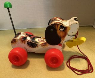 Vintage Fisher Price " Little Snoopy " Wooden Puppy Pull Toy,  1968
