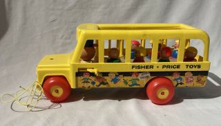 Fisher Price 192 Little People School Bus Vintage 1965,  7 Wooden People Pulltoy