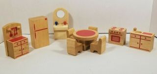 Plan Toys Vintage Wooden Kitchen - N - Dining Furniture Set W/ Bonus Sink Red Play