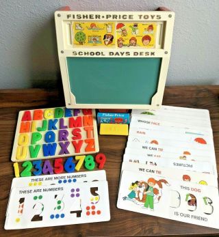 Vintage 1972 Fisher Price Toys School Days Desk With Letters Stencils Chalk