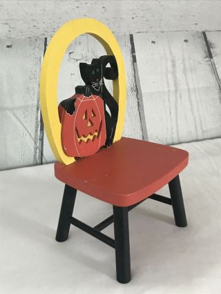 Vintage Halloween Cat Pumpkin Carved Wood Doll Chair 3