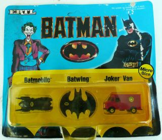 1989 Ertl Batman Micro Minis Batmobile Batwing Joker Van Weather Damage Card