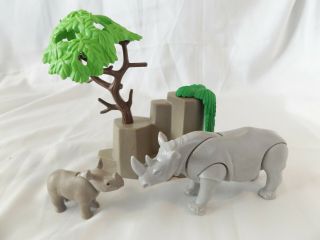 Playmobil Safari Rhino Family W/ Baby,  Rocky Tree Landscape,  African Zoo Animals