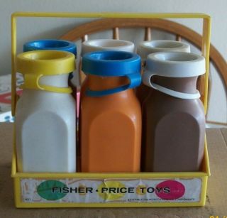 Vintage Fisher Price 637 6 Milk And Juice Bottle Carrier With Caps