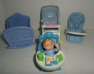 Fisher Price Loving Family Dollhouse Baby Boy Blue Cradle Car Seat & More