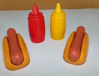 2 Vintage Fisher Price Fun With Food Hot Dogs With Buns Ketchup Mustard Bottles