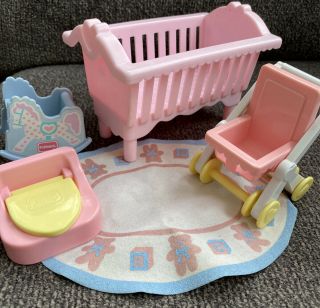 Vintage Playskool Dollhouse Baby Nursery: Stroller,  Potty,  Crib,  Rug,  Rocking Horse