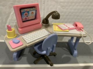 Vintage Fisher Price Loving Family Dollhouse Office Desk & Chair & Computer Set