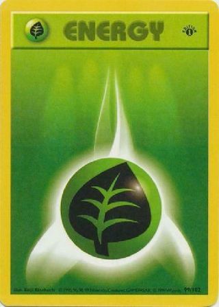 Grass Energy - 99/102 - Common 1st Edition Played Base Set Pokemon