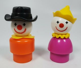 Vintage Fisher Price Little People 2 Clowns Purple Body Circus & Orange Rodeo