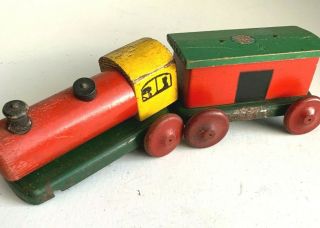 Vintage Antique 2 Piece Wood And Metal Wooden Painted Train Engine And Caboose