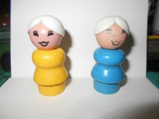 2 Vintage Fisher Price Little People Wooden Yellow & Blue Women With White Hair