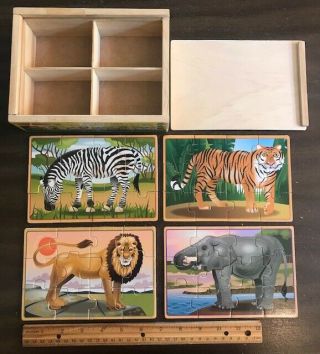 4 Wooden Jigsaw Puzzles Melissa & Doug Wild Animals Safari Home School Kids B8