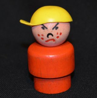 Vintage Fisher Price Little People All Wood Red Mad Boy W/yellow Hat School Bus