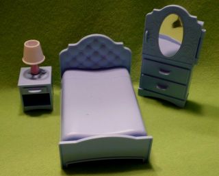 3 Piece Dollhouse Bedroom Set Bed Armoire & Table With Light.  Exc Cond.