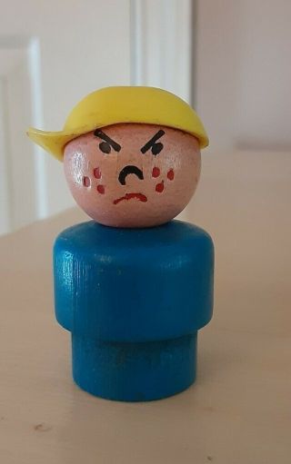 Vintage Fisher Price Little People All Wood Blue Mad Boy/bully W/yellow Cap