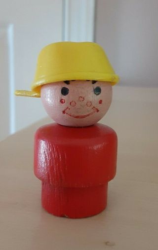 Vintage Fisher Price Little People All Wood Red Boy Yellow Pot/pan Head - Bus 192