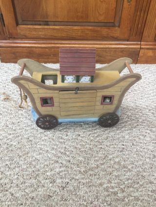 Vintage Folk Art Wooden Noah’s Ark With Animals Pull Toy On Wheels - So Charming
