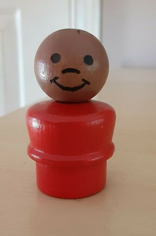 Vintage Fisher Price Little People All Wood Red African American Boy Black Hair