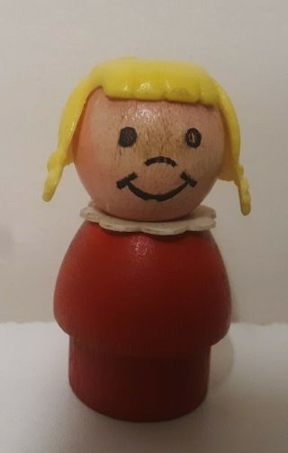 Htf Vintage Fisher Price Little People Wood Red Girl Yellow/blonde Hair/pigtails