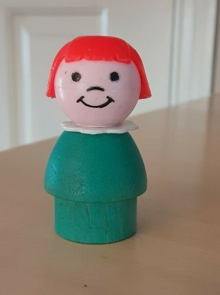 Vintage Fisher Price Little People Wood Turquoise Girl Red Hair 705/990/121