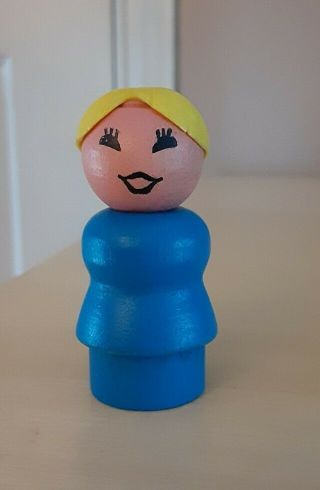 Vintage Fisher Price Little People All Wood Blue Mom/woman Yellow/blond Hair