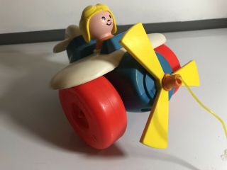 Vtg Fisher Price Little People 8 " Pull Toy Airplane Plane W/ Pilot Complete