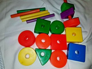 Vintage Fisher Price Blocks Stacking Shapes Bright Colors 13 Shapes 6 Rods