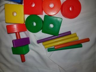 Vintage Fisher Price Blocks Stacking Shapes Bright Colors 13 Shapes 6 Rods 2