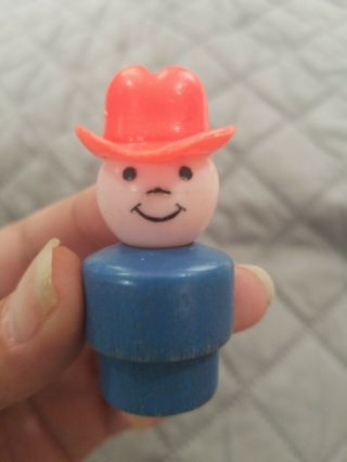 Vintage Fisher Price Little People Wood Farmer Boy Blue Wood And Red Hat