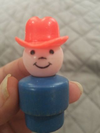 Vintage Fisher Price little people wood farmer boy blue wood and red hat 2