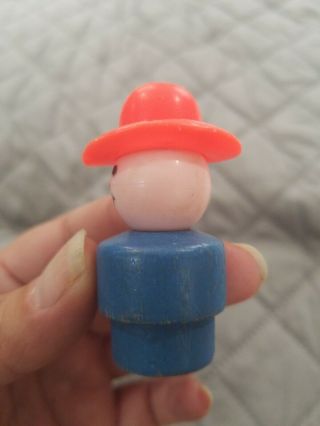 Vintage Fisher Price little people wood farmer boy blue wood and red hat 3