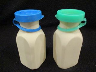 Fisher Price 2 Vintage Milk Bottles Green And Blue Caps