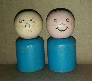 Vintage Fisher Price Little People All Wood Blue Figure Angry Boy Straight Body