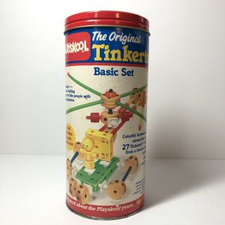 1986 Playskool The Tinkertoy Basic Set In Tin Can Tinker Toy Booklet