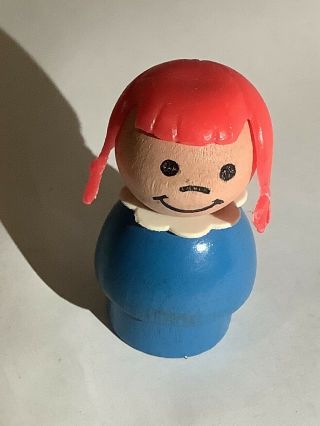 Vintage Fisher Price Little People All Wood Blue Girl Red Pigtails