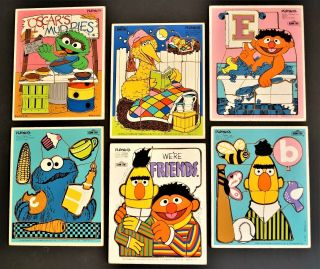 6 Vintage Playskool Sesame Street Muppets Wood Wooden Puzzles 1970s