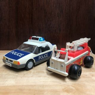 Vintage 1960’s Fisher Price Fire Engine Truck And 1990’s Play Mobile Police Car