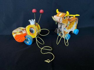 Vintage Fisher Price Wooden Pull Toys: Bossy Bell Cow 656,  Queen Buzzy Bee 444