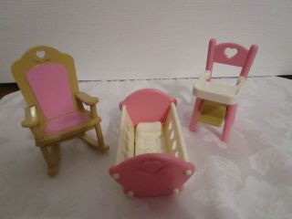 Vintage Fisher Price Dollhouse Baby Pink High Chair,  Crib,  Rocking Chair 1993