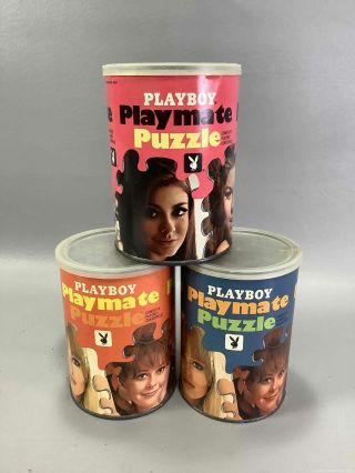 Vintage 1967 Playboy Playmate Centerfold Jigsaw Puzzles In Cans Orange Blue Pink