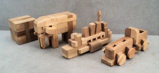 4 Vintage Wood Kumiki Puzzles Brainteasers Japan Elephant Train Boat Cube