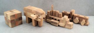 4 Vintage WOOD KUMIKI PUZZLES Brainteasers JAPAN Elephant Train Boat Cube 3